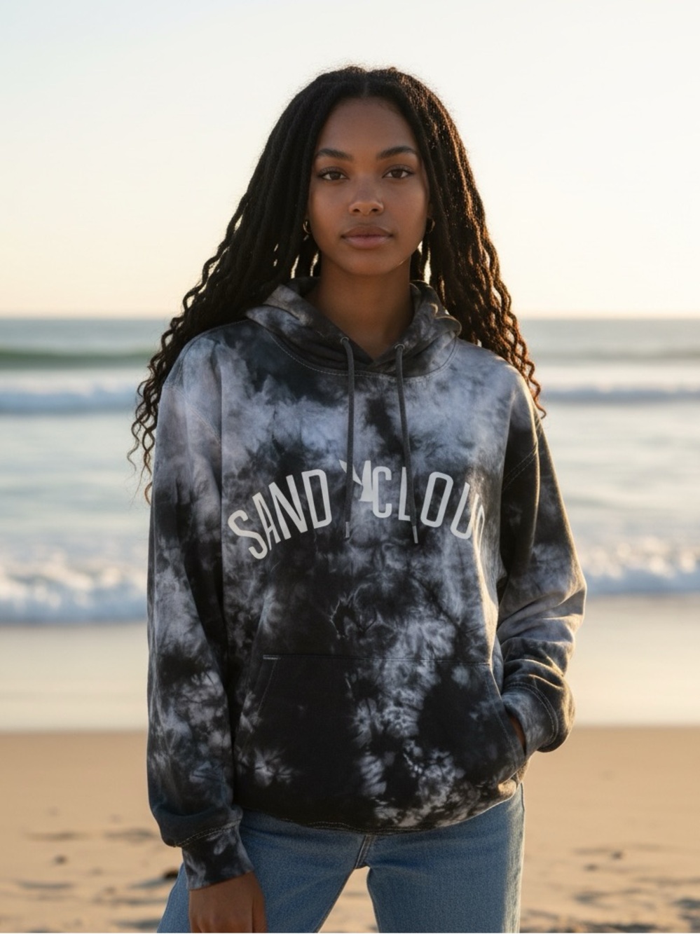 Sand Cloud Tie Dye Logo Graphic Pullover Hoodie Sweatshirt Grey Black Cream S